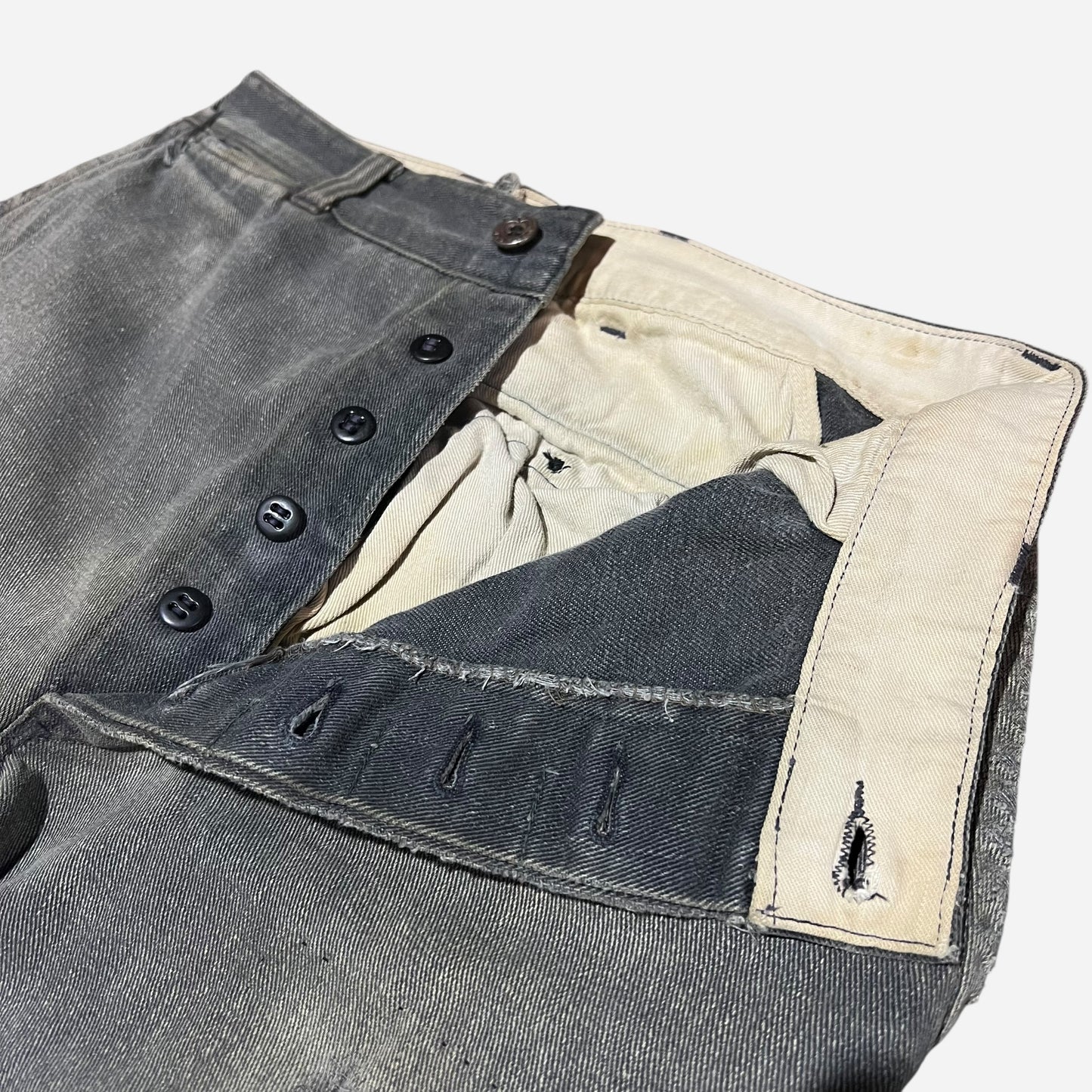 1940s Sweet Orr Ace button black sun faded denim/twill cotton repaired pants (30w)