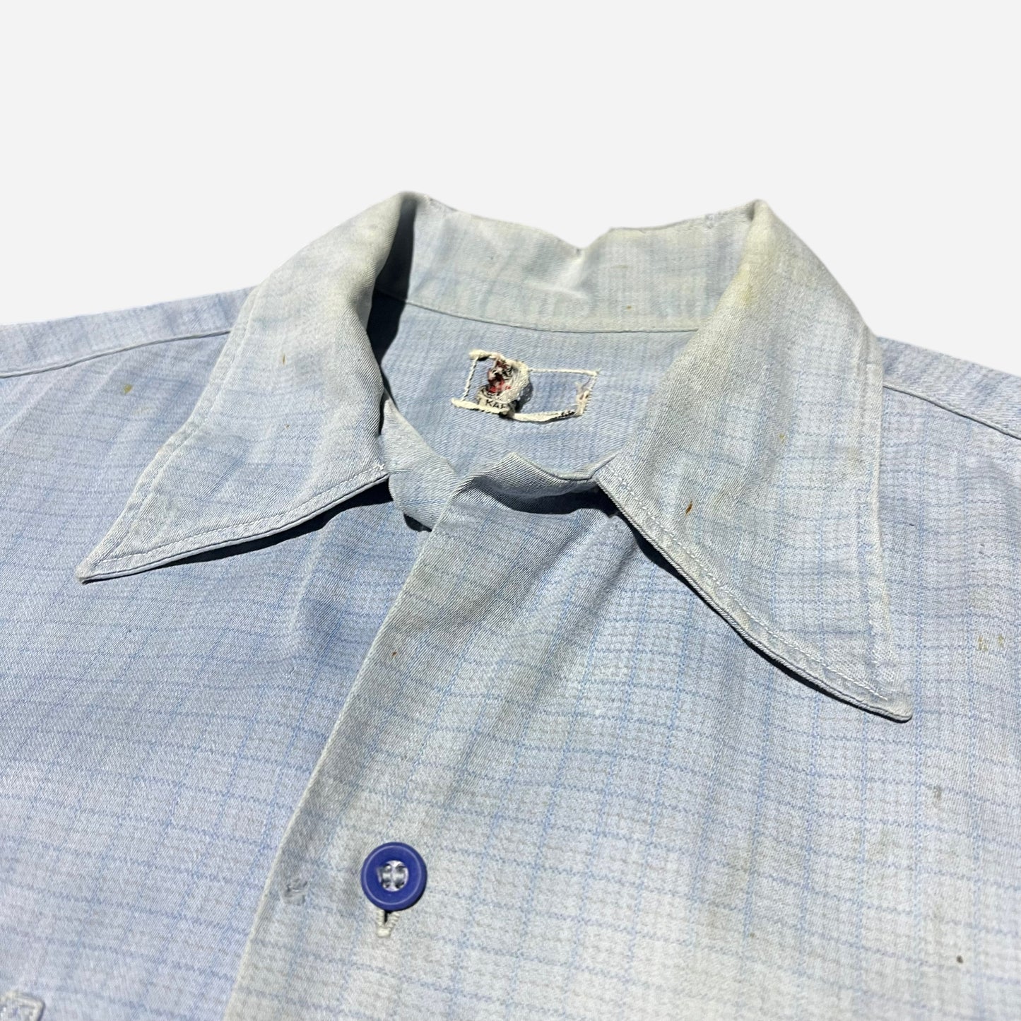 1950s Blue plaid cotton open collar shirt (M/L)