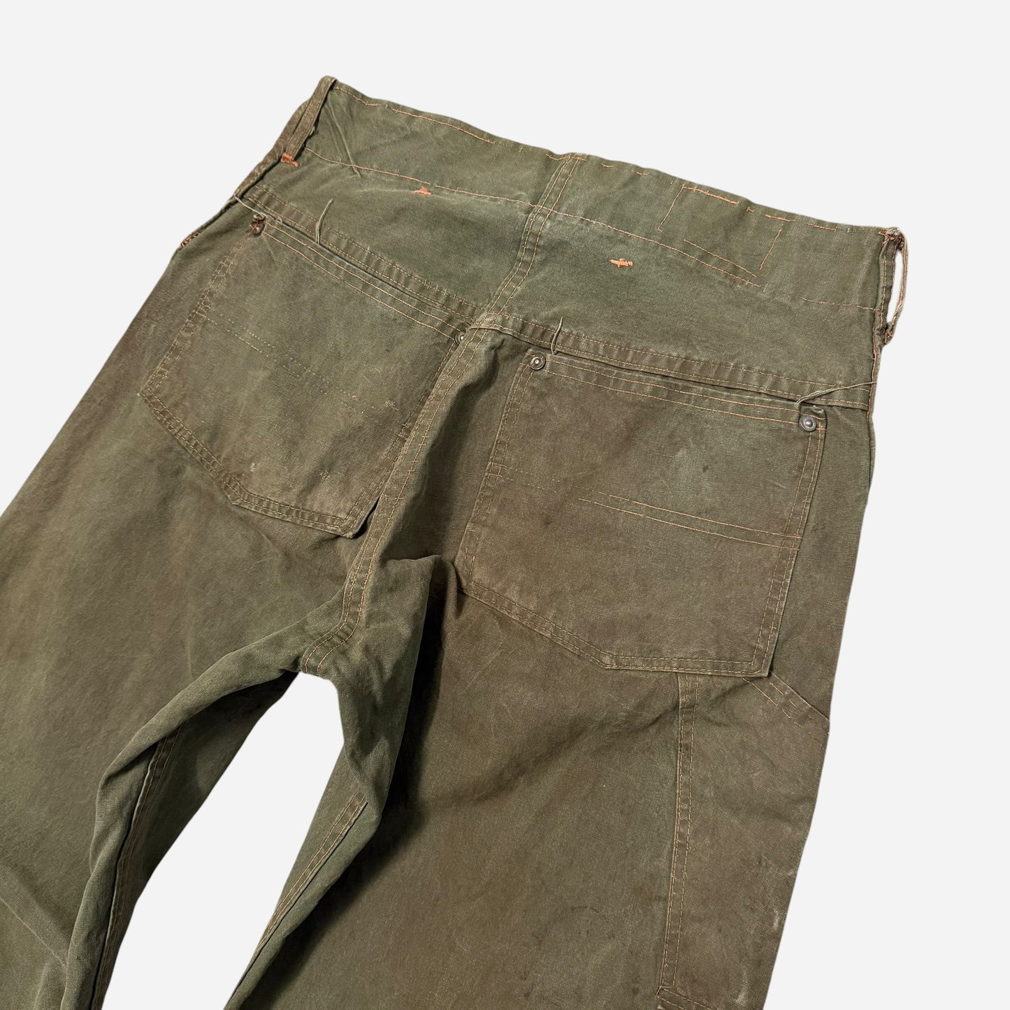 1940s “Ranch Man” green cotton donut button fly crotch rivet work pants (28w)