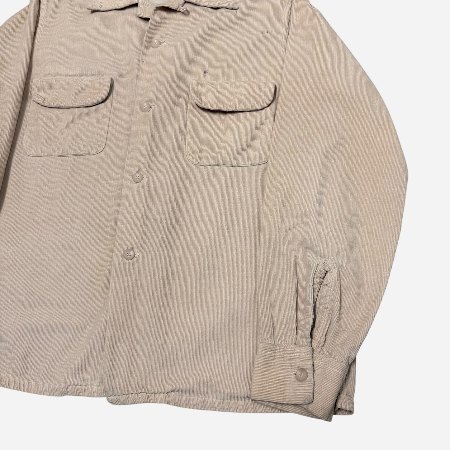 1950s Light pink/beige corduroy flap pocket loop collar shirt (M)