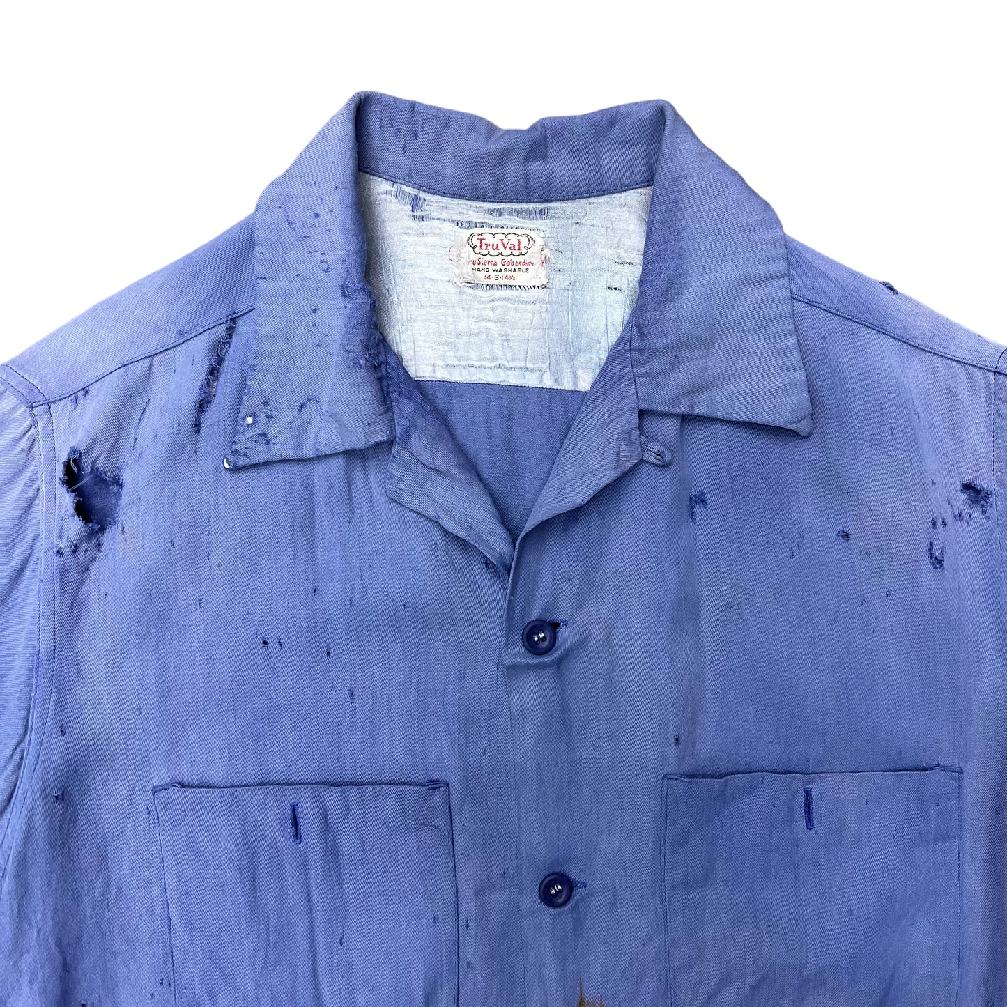 1950s Distressed faded blue rayon loop collar shirt (S)