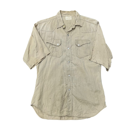 1950s Montgomery Ward Power House khaki slant pocket pearl snap shirt (M)