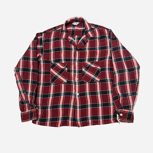 1950s Shadow plaid red rayon/cotton shirt (M)