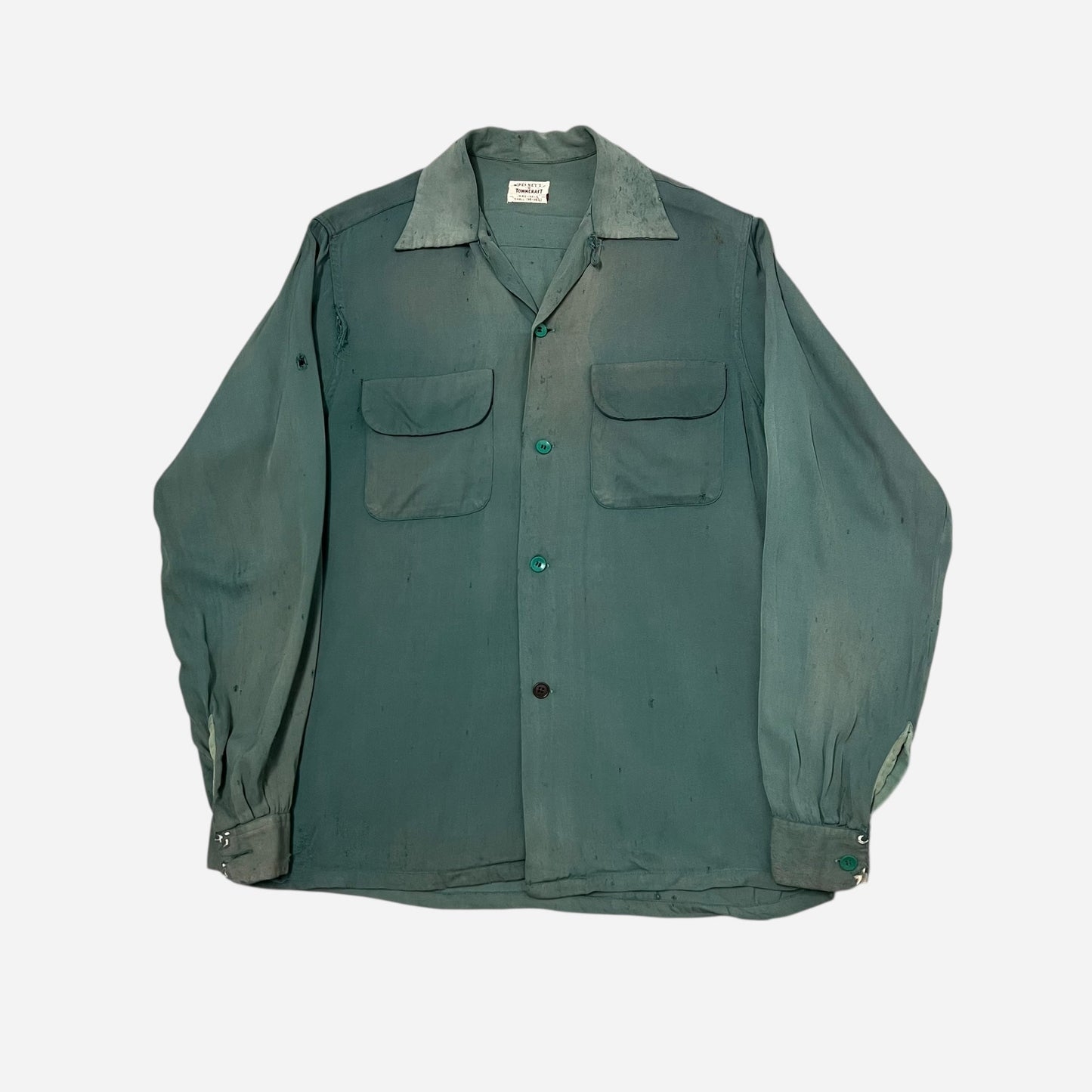 1950s Penneys Towncraft green rayon flap pocket loop collar shirt (M)