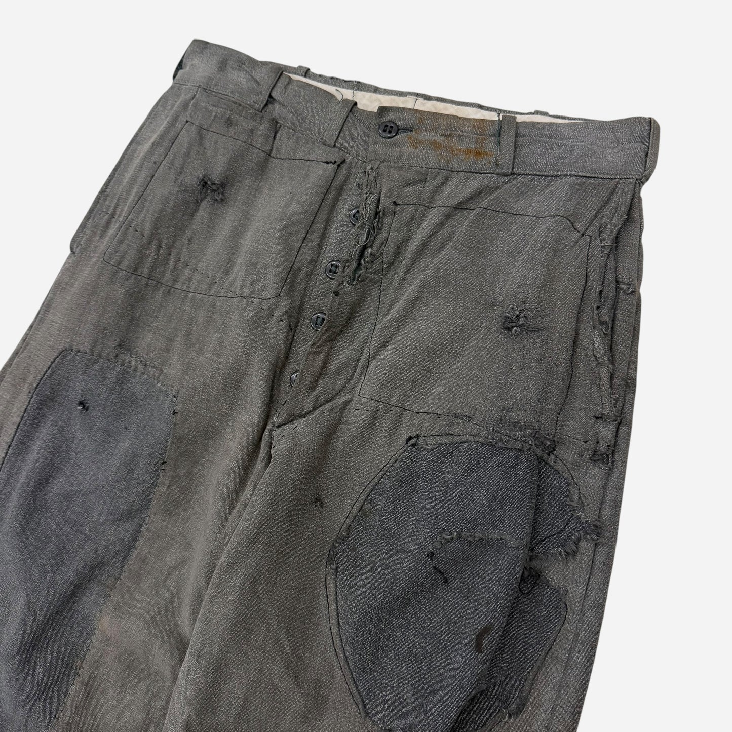 1940s Heavily repaired button fly salt & pepper cotton work pants (30w)