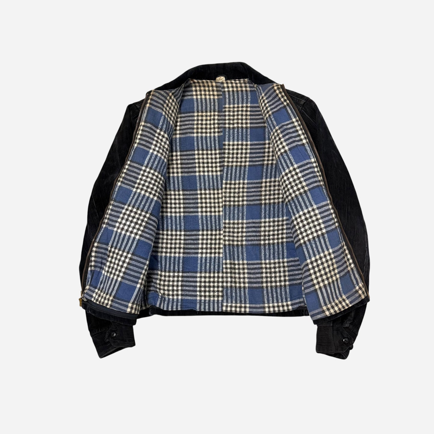 1950s Black corduroy chainstitch mechanic jacket cotton plaid liner (M/L)