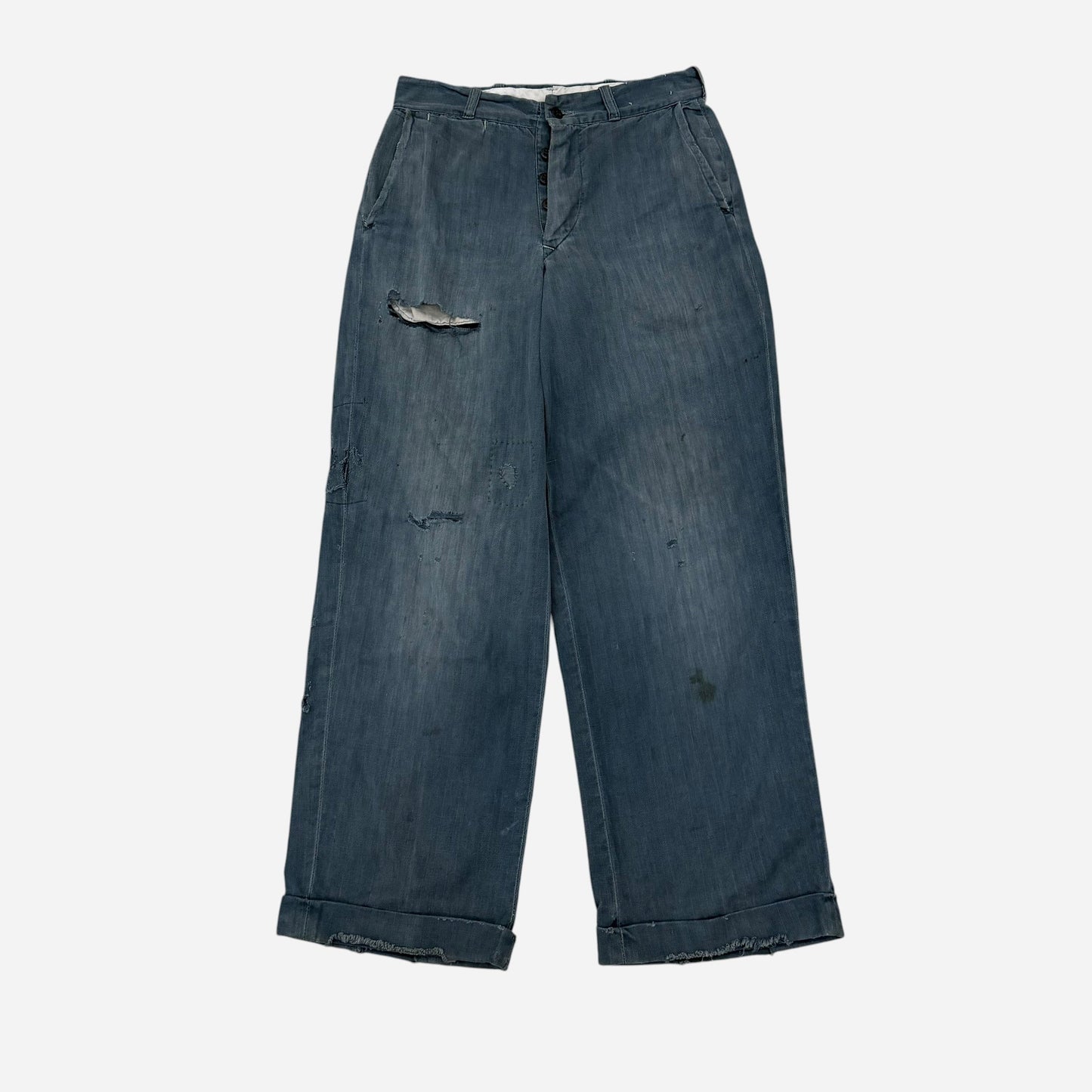1950s Lee button fly cotton HBT green/blue repaired work pants (28w)