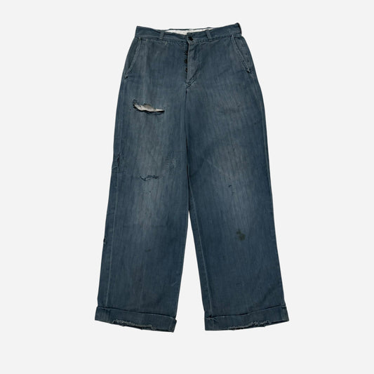 1950s Lee button fly cotton HBT green/blue repaired work pants (28w)