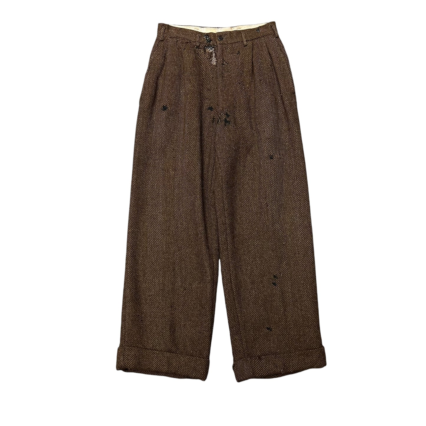 1940s Repaired brown tweed pleated pants trousers (28w)