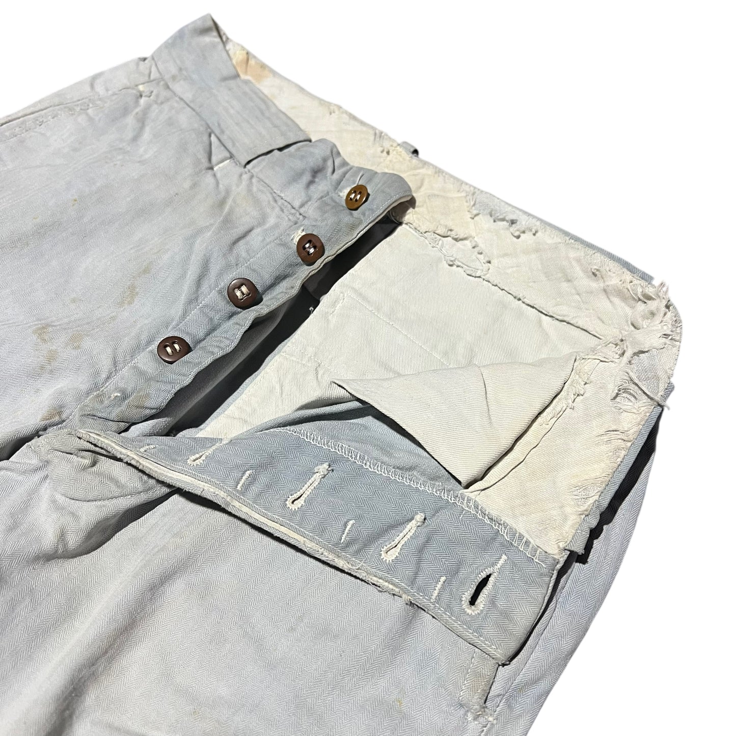 1940s Light blue cotton hbt button fly work pants (28w)