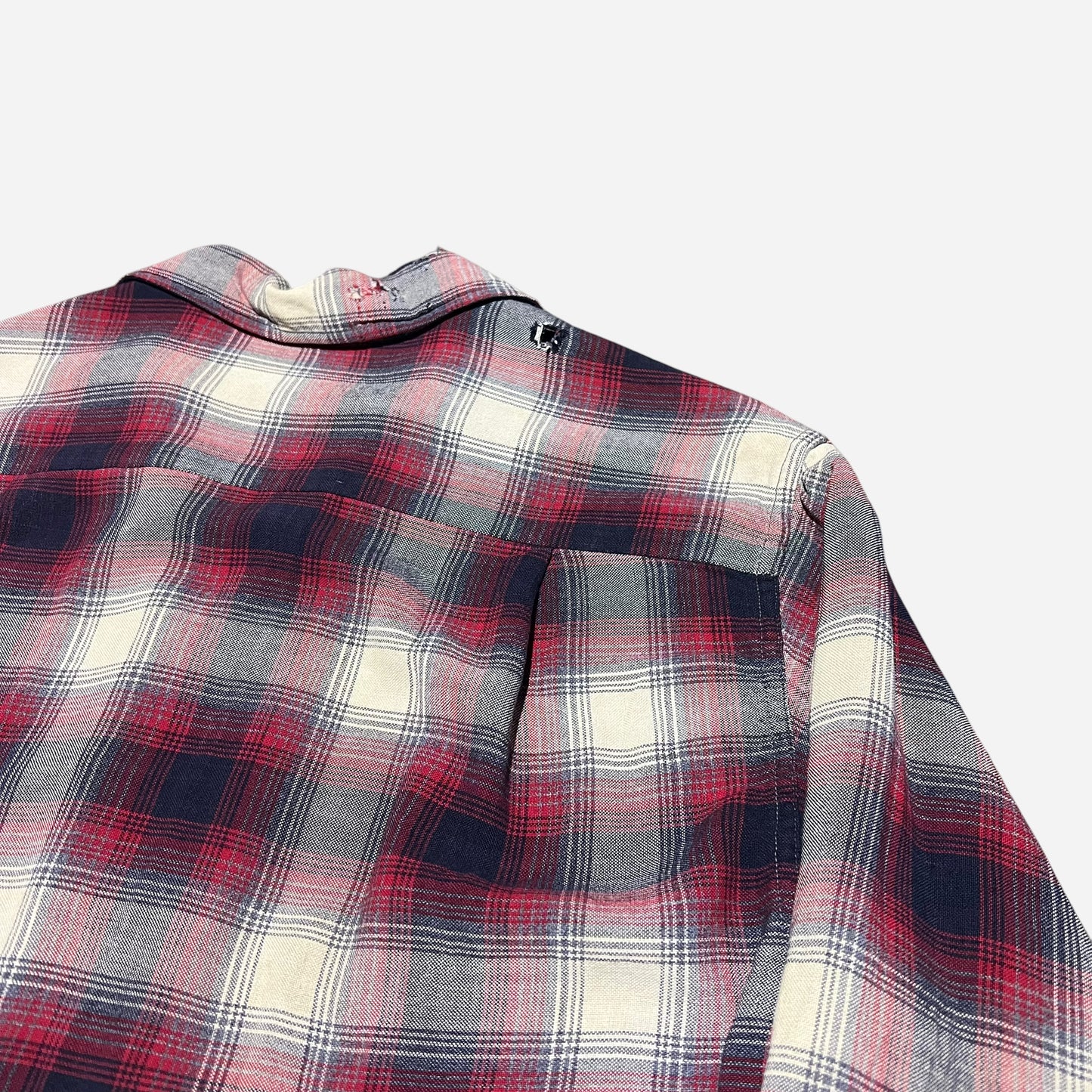 1960s Pilgrim shadow plaid red rayon loop collar shirt (M)