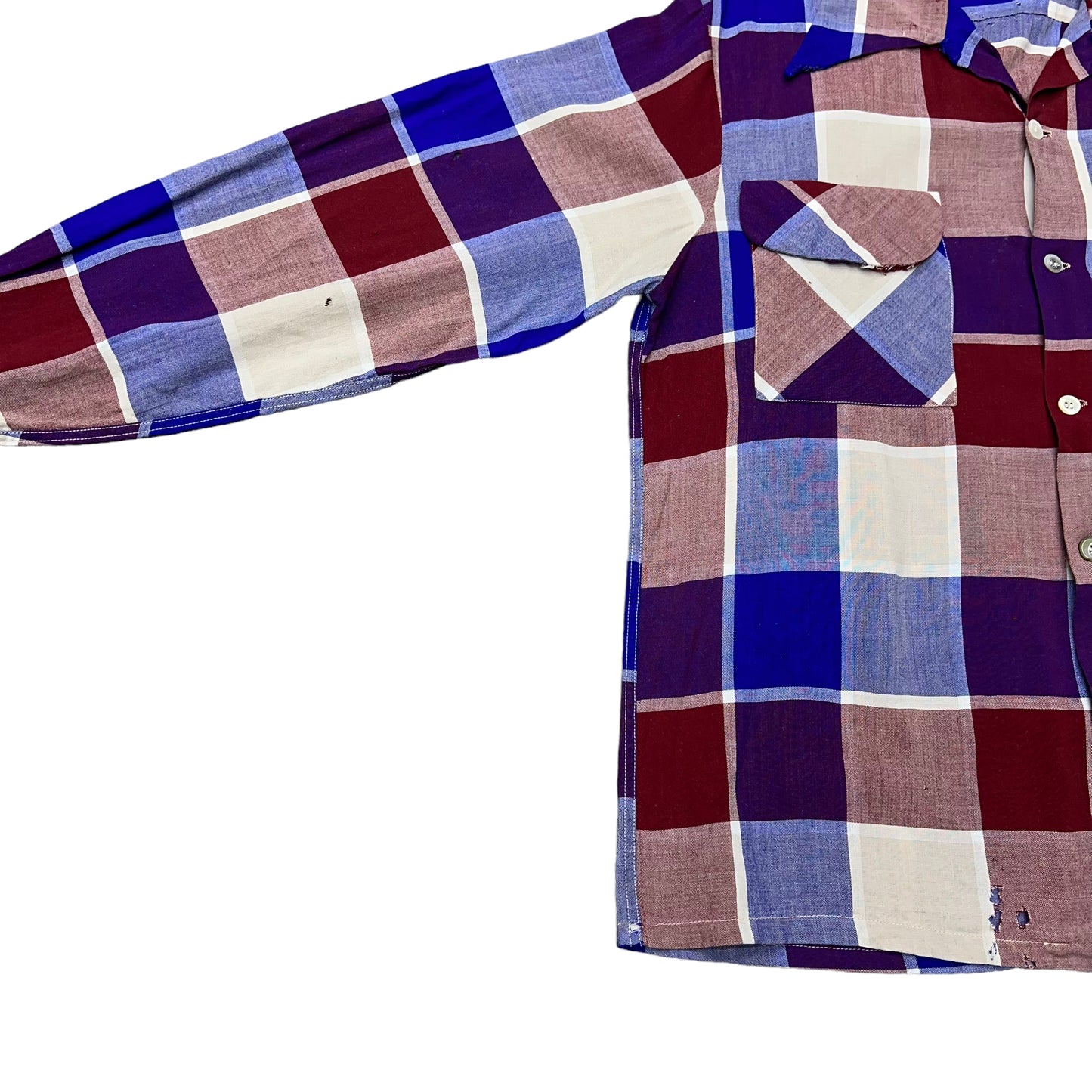 1940s Red & blue box plaid California Sportswear rayon loop collar shirt (M)