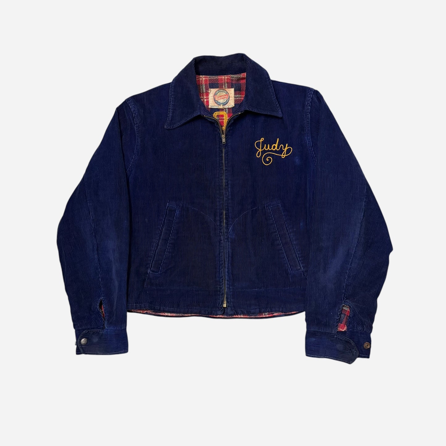 1940s Dark blue corduroy chain stitched cotton plaid lined jacket (M)