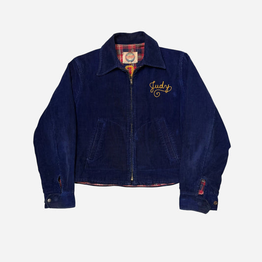 1940s Dark blue corduroy chain stitched cotton plaid lined jacket (M)