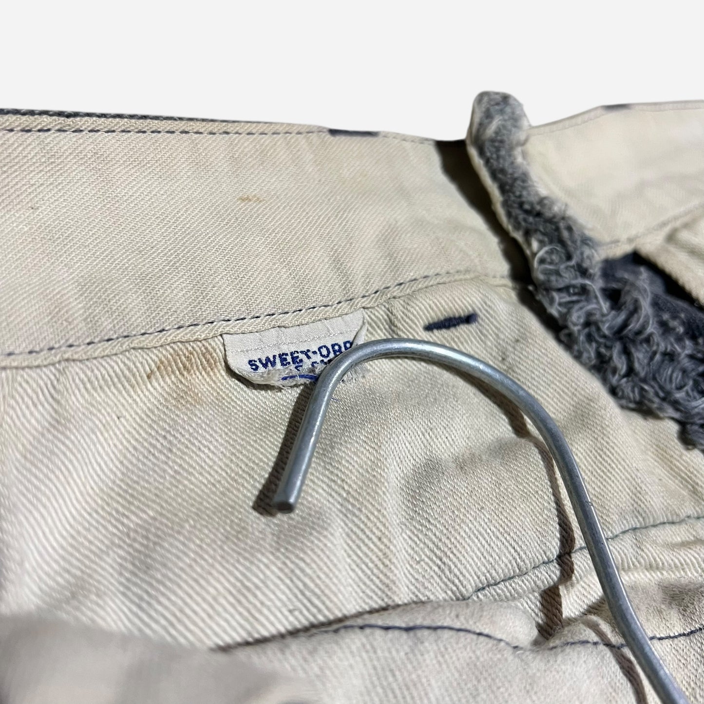 1940s Sweet Orr Ace button black sun faded denim/twill cotton repaired pants (30w)