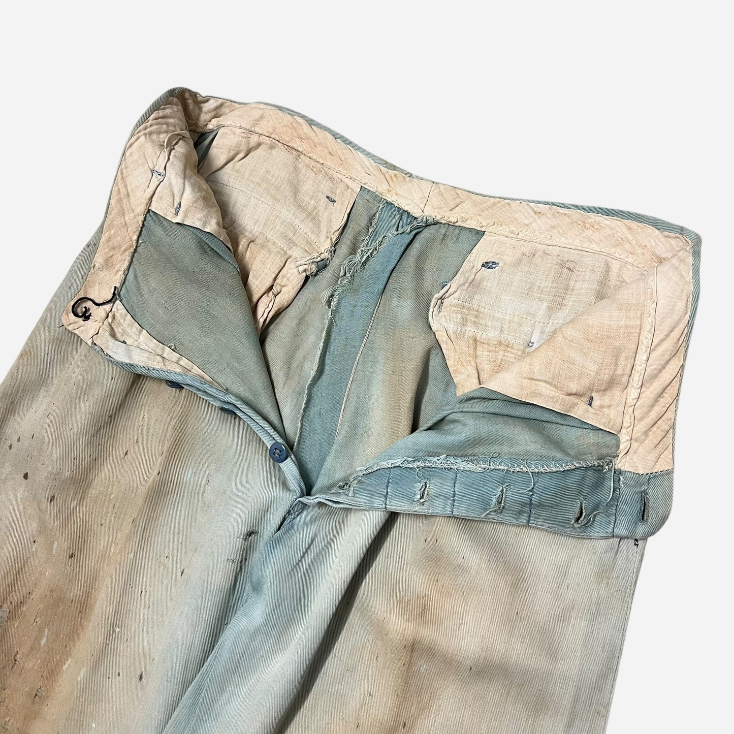 1940s Light cotton paint splatter blue button fly pants (30w)