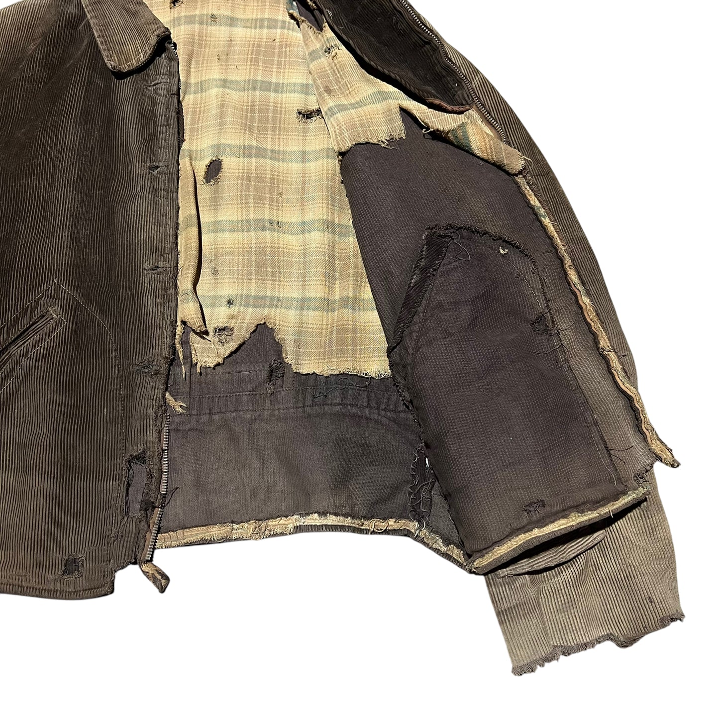 1930s Brown sun faded distressed corduroy half belt work jacket (M)