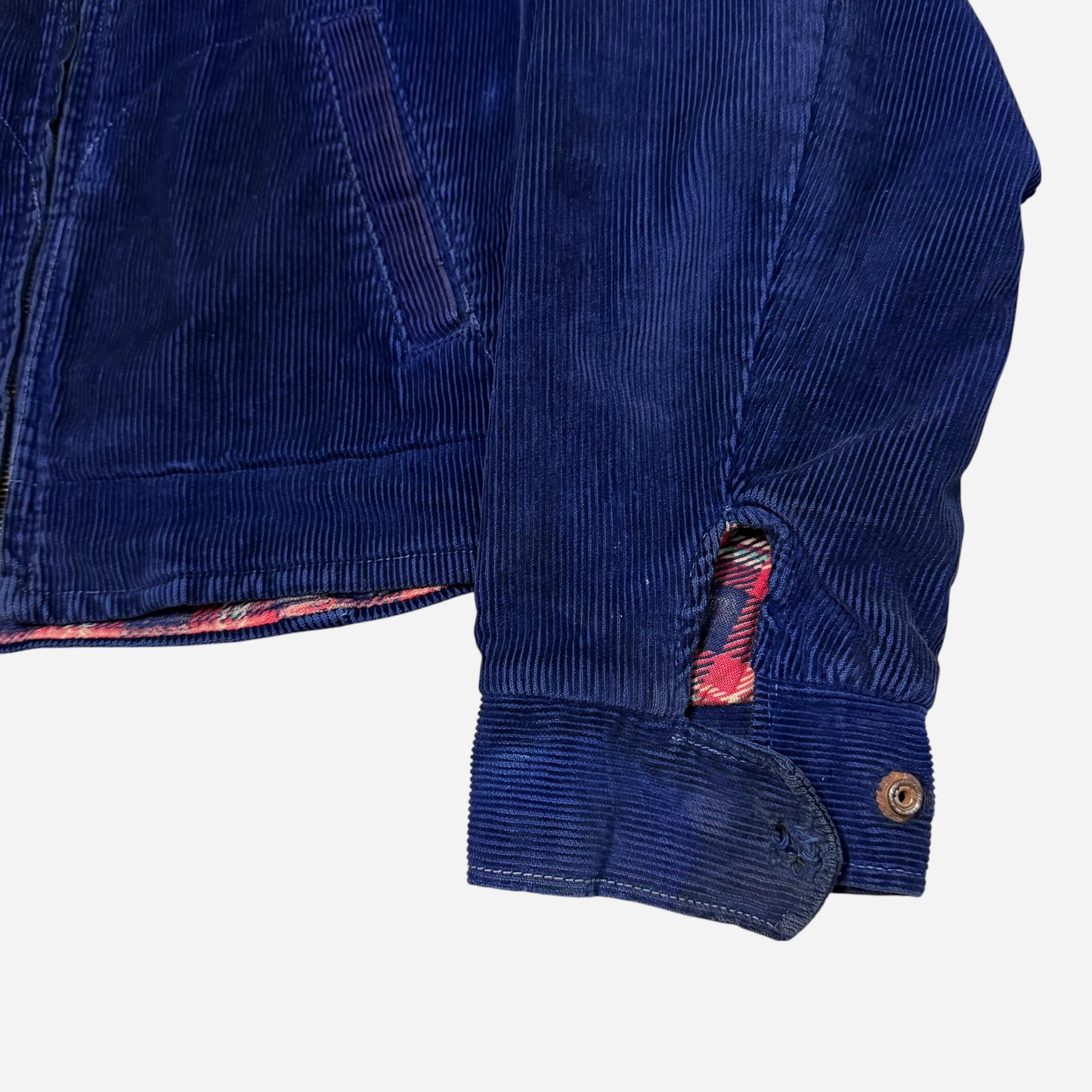 1940s Dark blue corduroy chain stitched cotton plaid lined jacket (M)