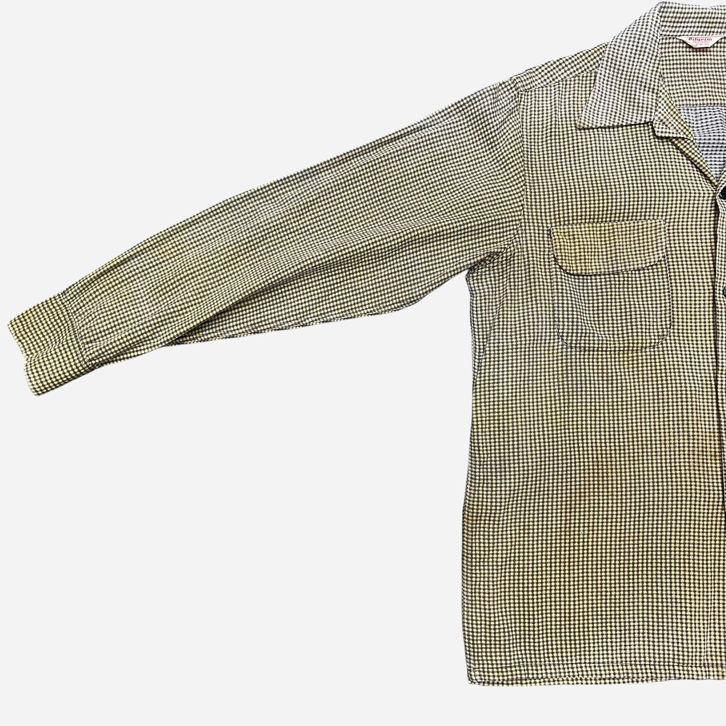 1950s Pilgrim sun faded yellow houndstooth cotton printed loop collar shirt flannel (M/L)
