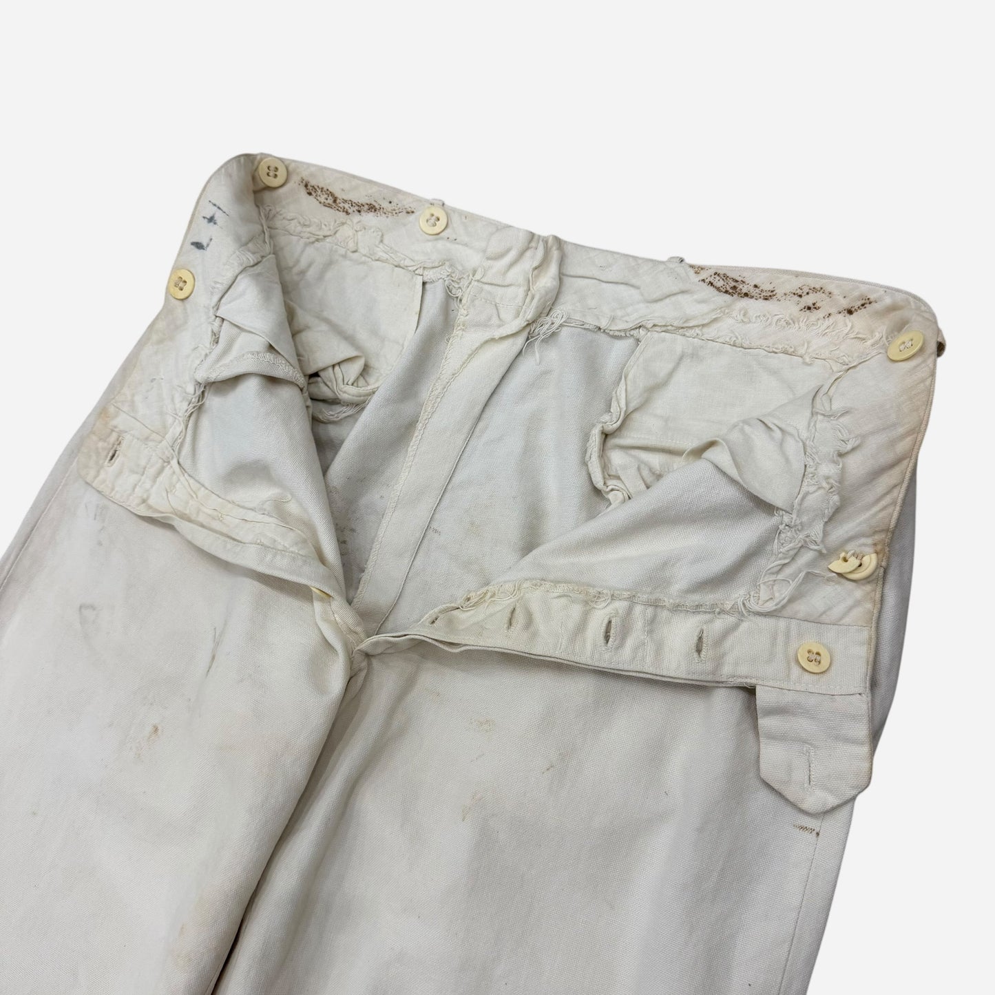 1930s White cotton side cinch button fly summer pants (31w)