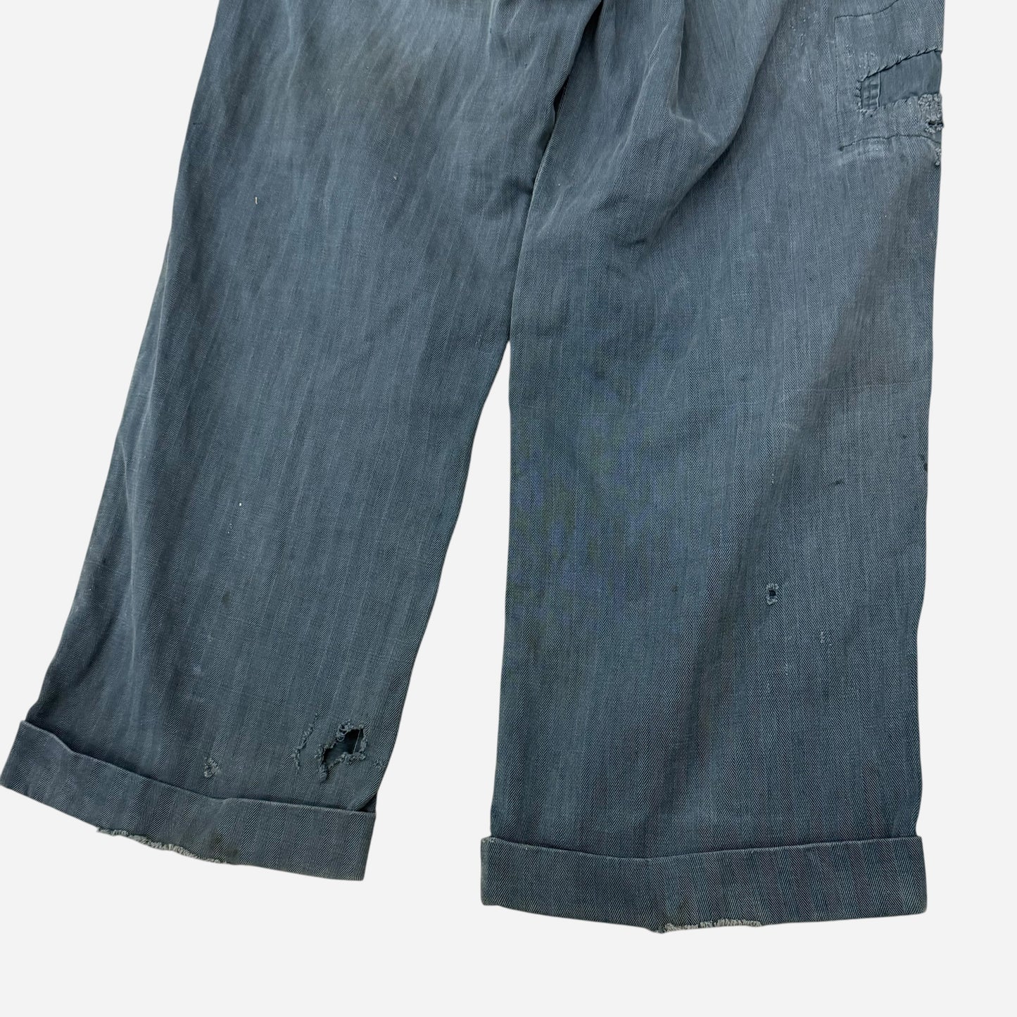 1950s Lee button fly cotton HBT green/blue repaired work pants (28w)