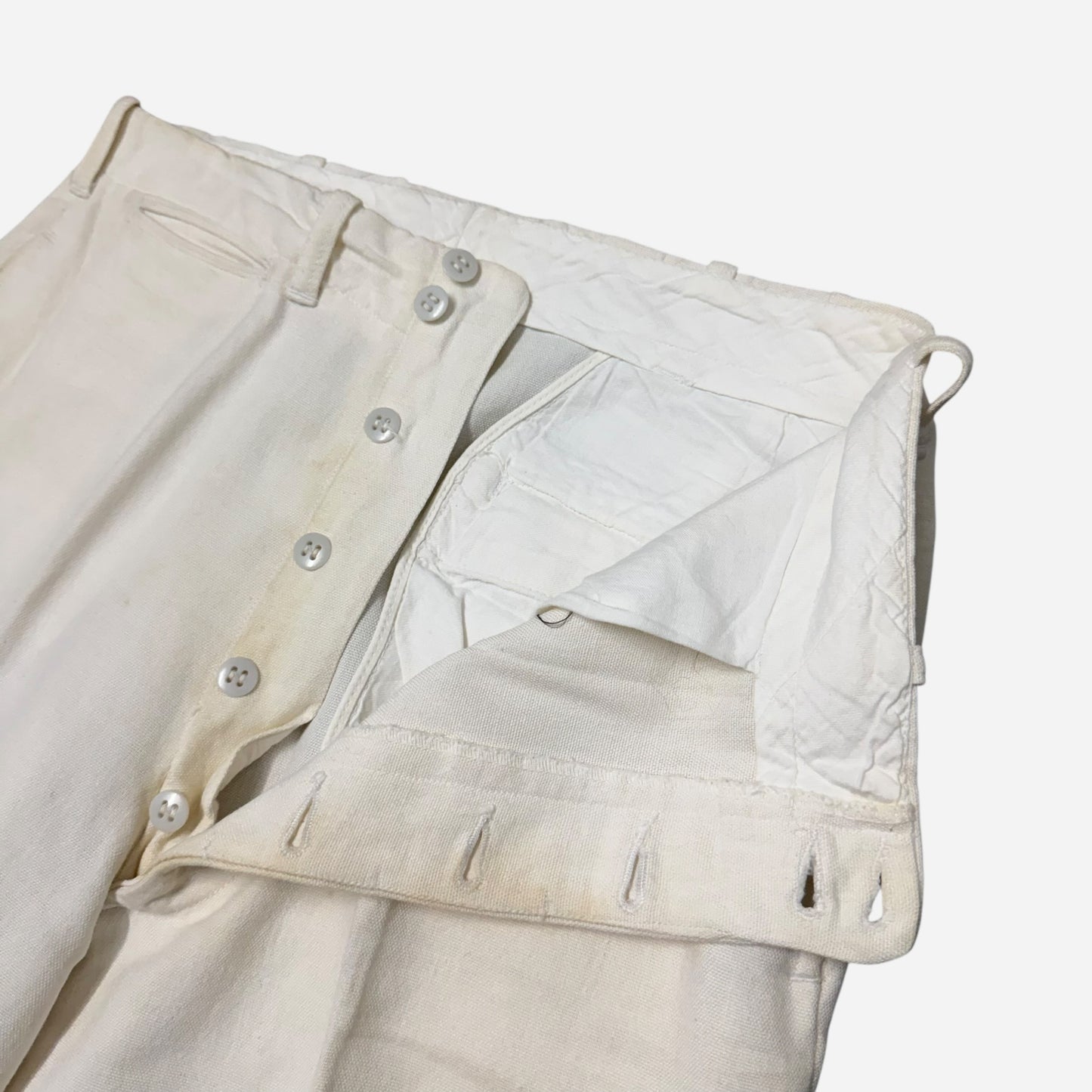 1930s Double button fly white cotton summer pants USN worn (30w)