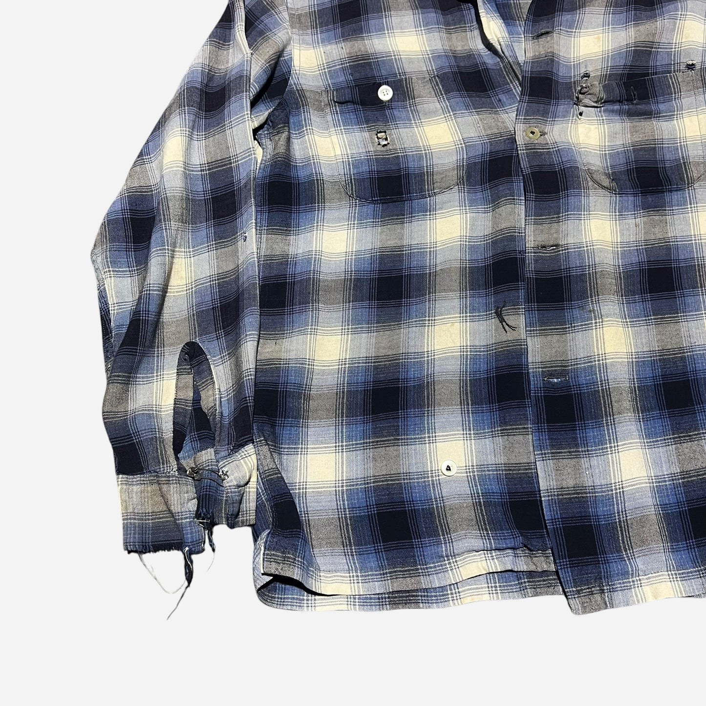 1960s Pilgrim blue shadow plaid rayon loop collar shirt (M)