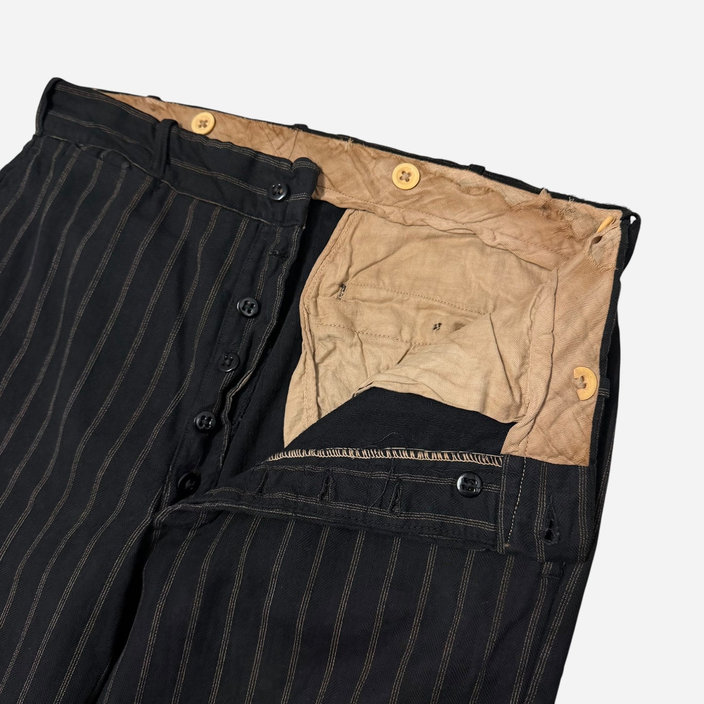 1930s Black cotton button fly striped pants (32w)