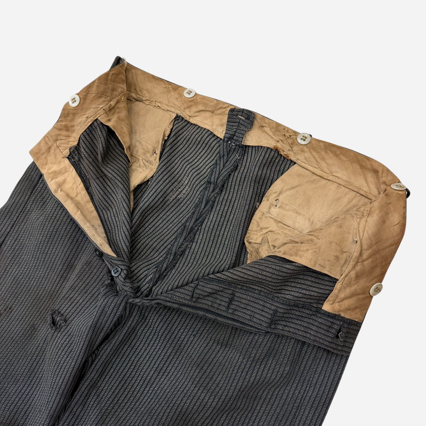 1930s Coltex striped cotton salt & pepper button fly work pants (34w)