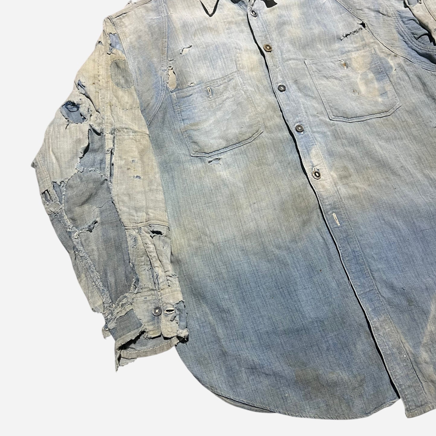 1920s Heavily repaired chinstrap chambray shirt (M/L)
