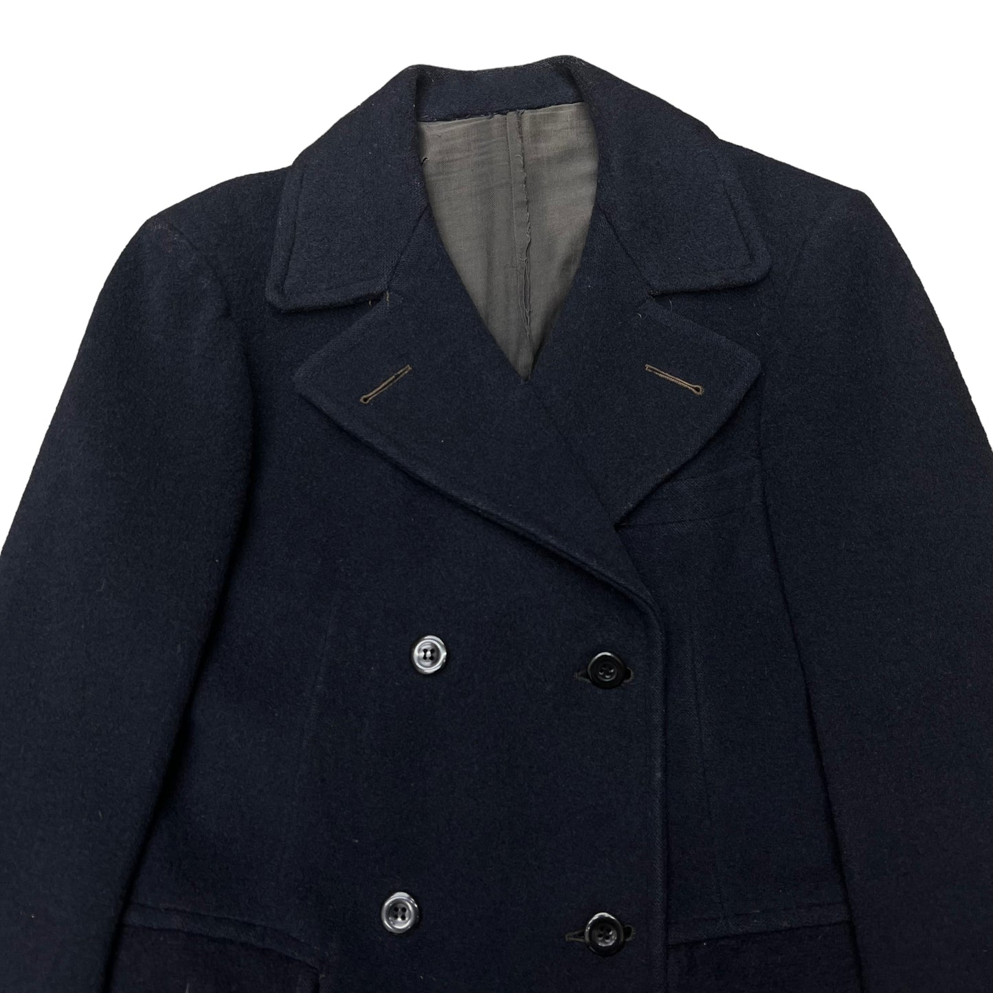 1930s Dark navy blue double breasted wool belt back long coat (L)