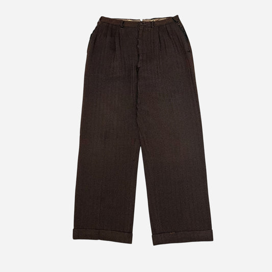 1930s Brown tweed herringbone button fly Stifel repaired pleated work pants (31w)