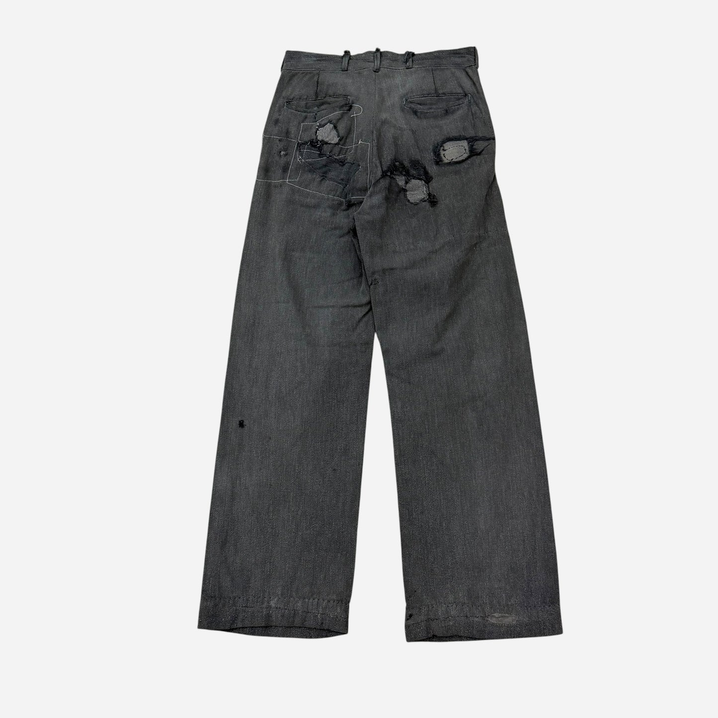 1940s Heavily repaired button fly salt & pepper cotton work pants (29w)