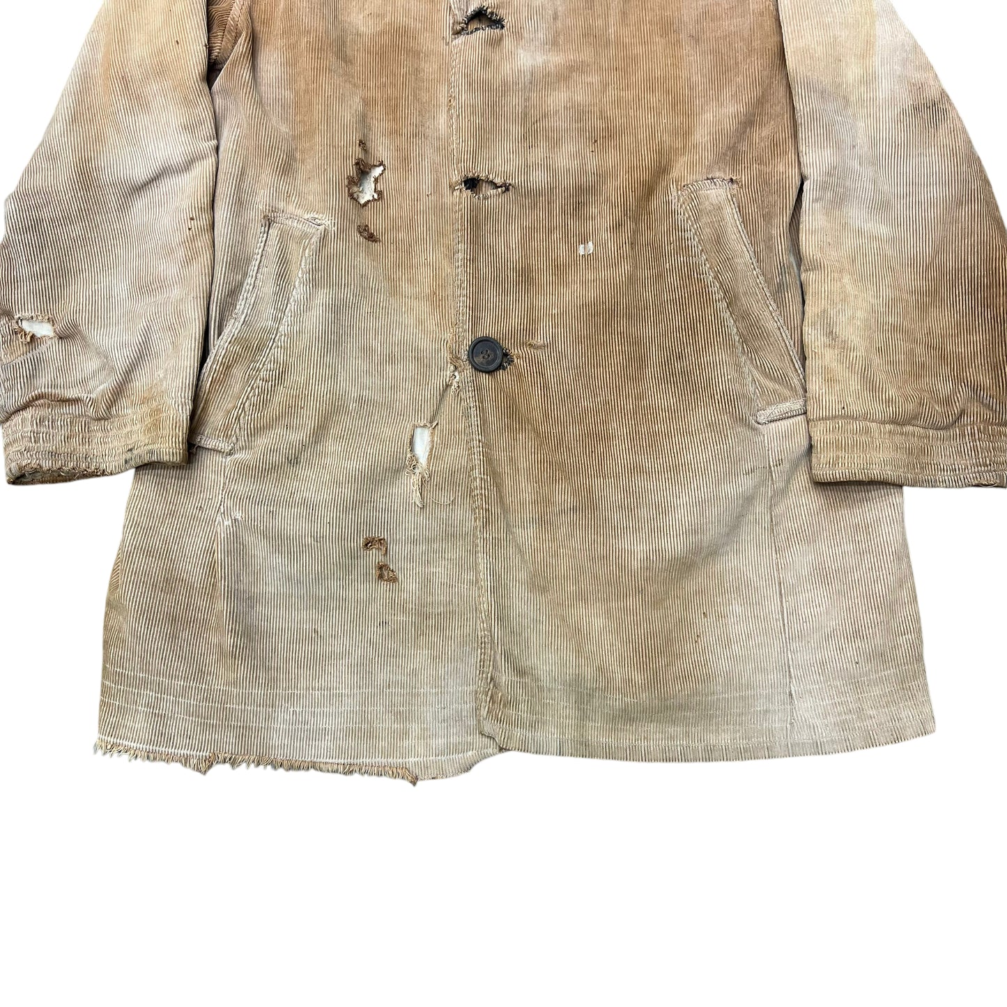 1910s 1920s Distressed & sun faded corduroy/canvas reversible overcoat (L)