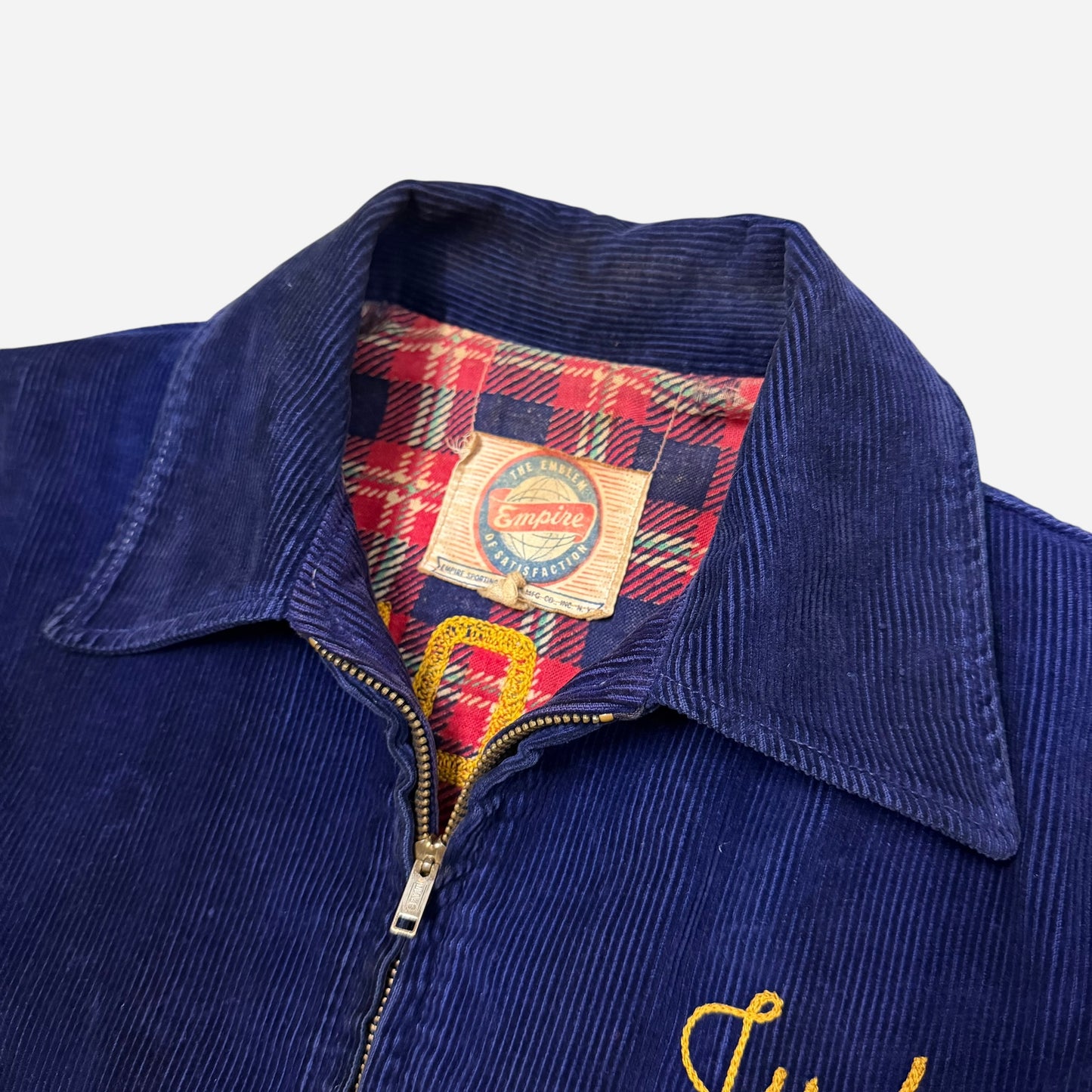1940s Dark blue corduroy chain stitched cotton plaid lined jacket (M)