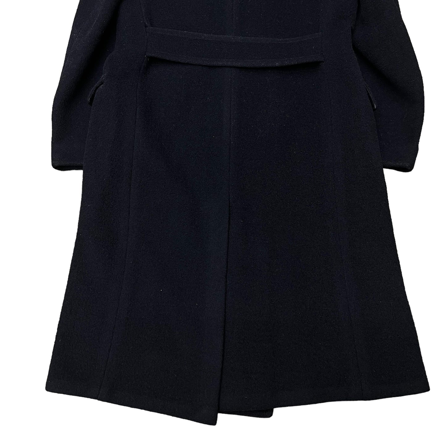 1930s Dark navy blue double breasted wool belt back long coat (L)