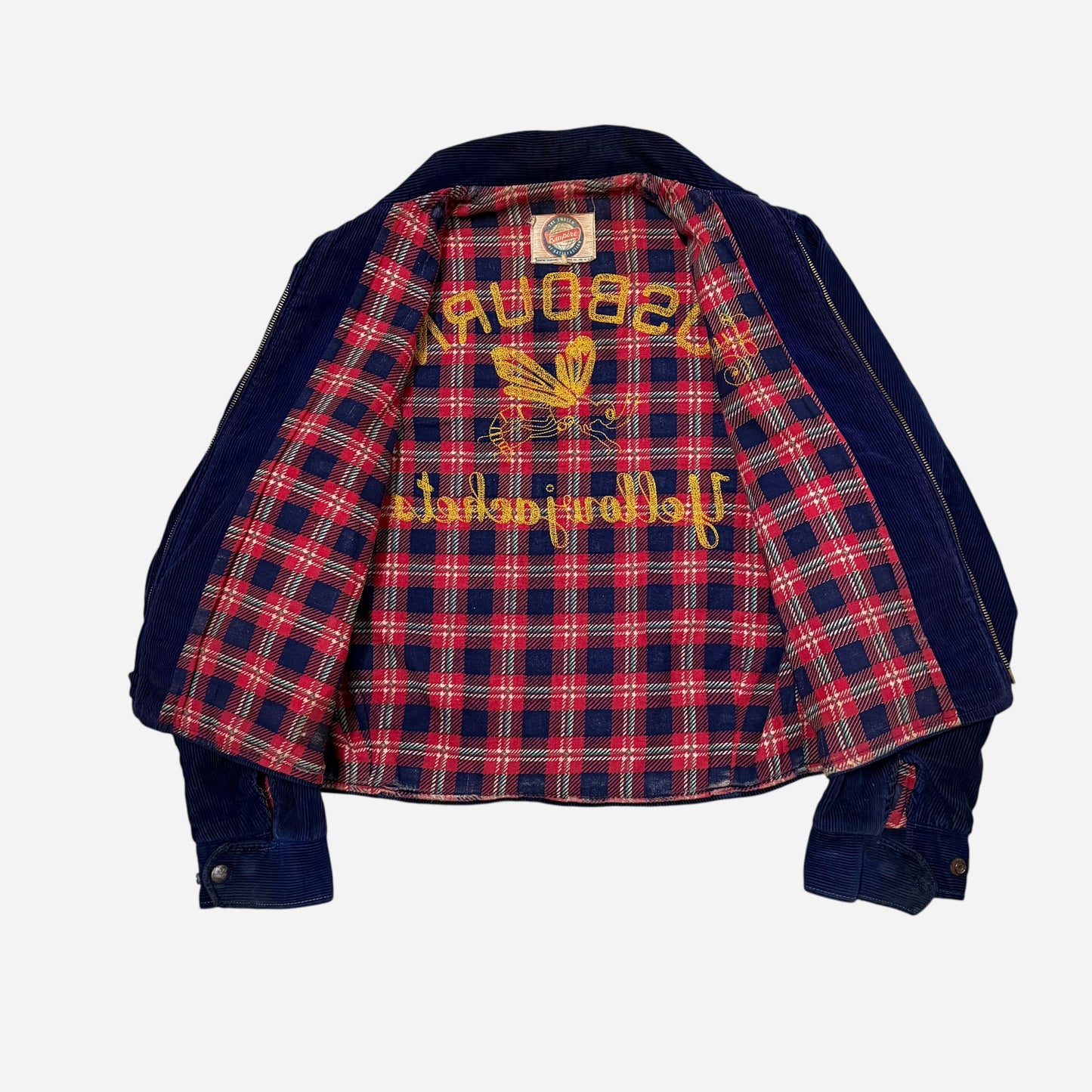 1940s Dark blue corduroy chain stitched cotton plaid lined jacket (M)