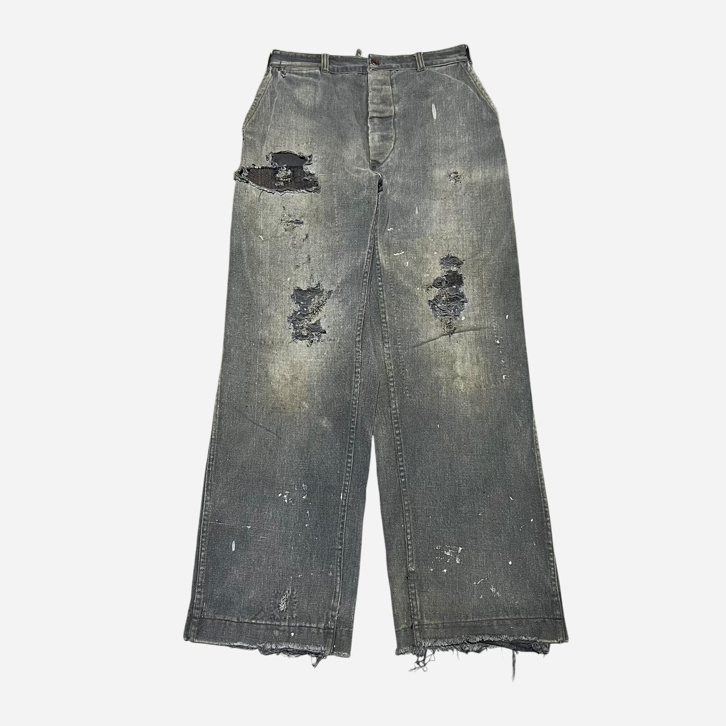 1940s Sweet Orr Ace button black sun faded denim/twill cotton repaired pants (30w)