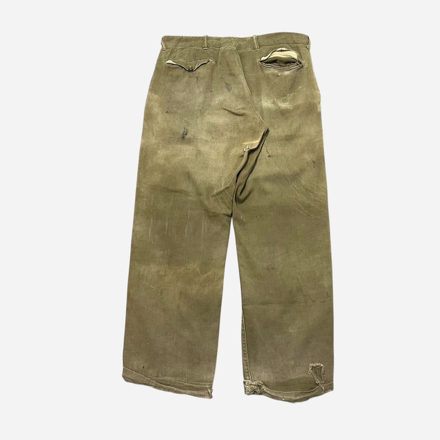 1930s Olive green light cotton match strike button fly pants (33w)