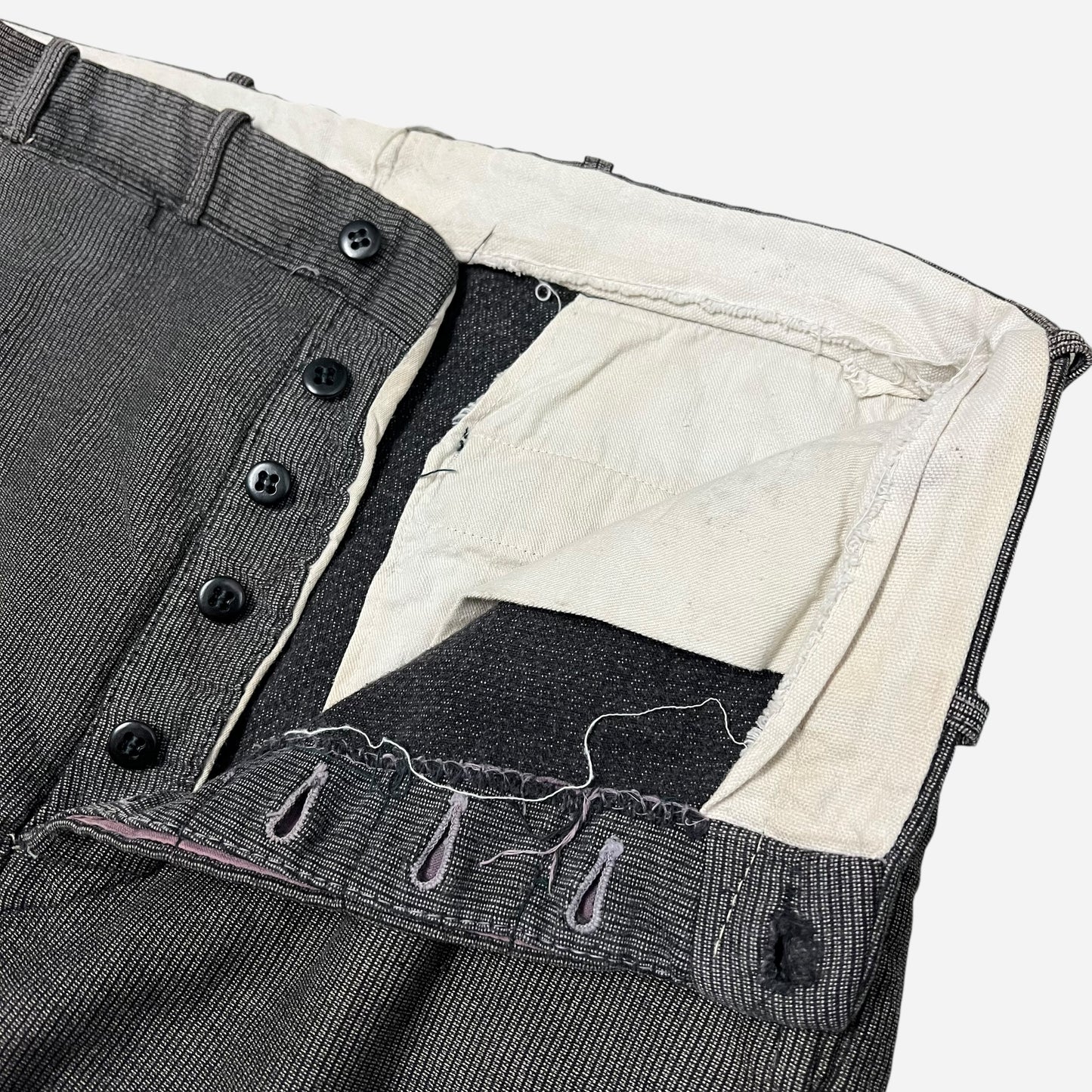 1940s Stifel Ironclad moleskin salt & pepper button fly work pants (30w)