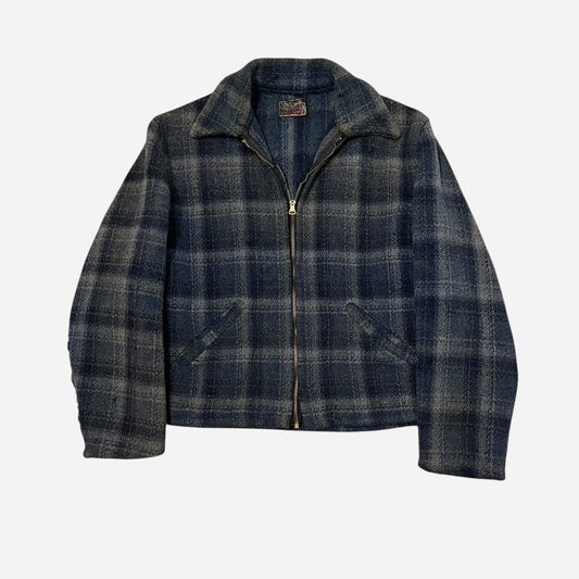 1940s “Stormpruf” blue & black shadow plaid wool belt back jacket (M)