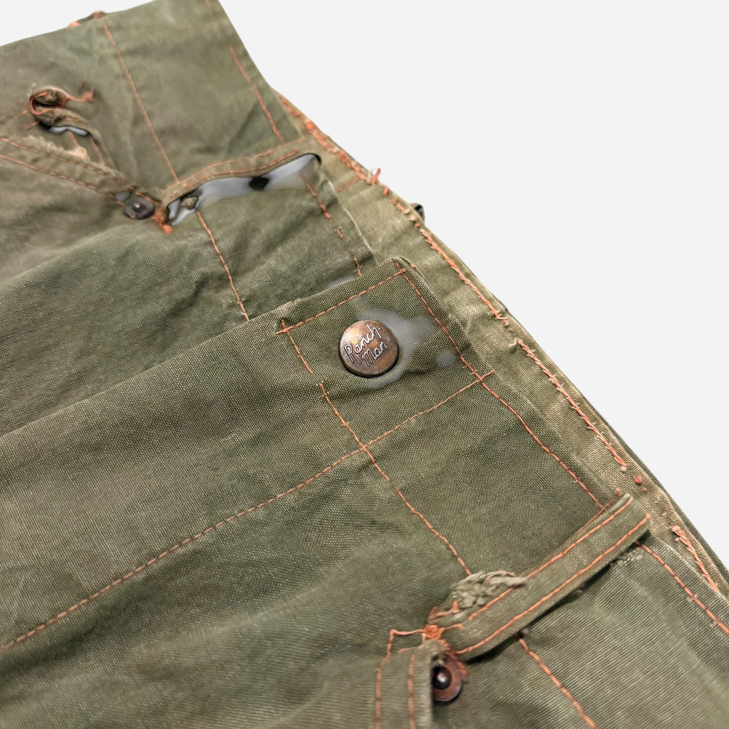 1940s “Ranch Man” green cotton donut button fly crotch rivet work pants (28w)