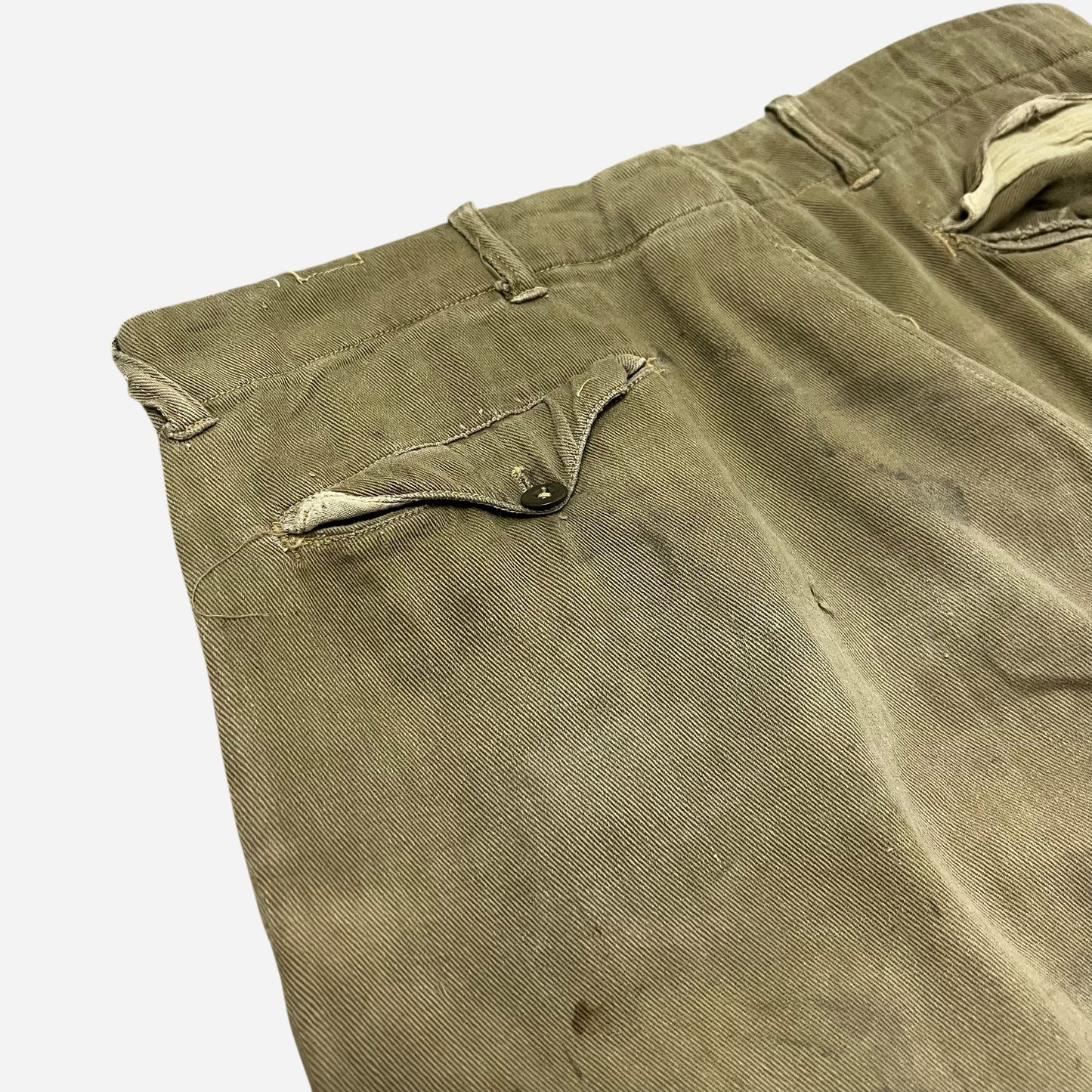 1930s Olive green light cotton match strike button fly pants (33w)