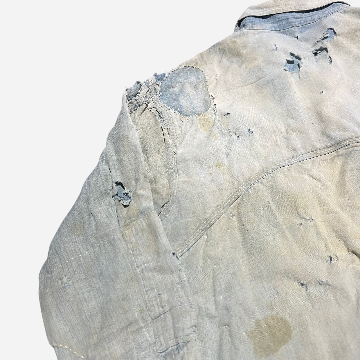 1920s Heavily repaired chinstrap chambray shirt (M/L)