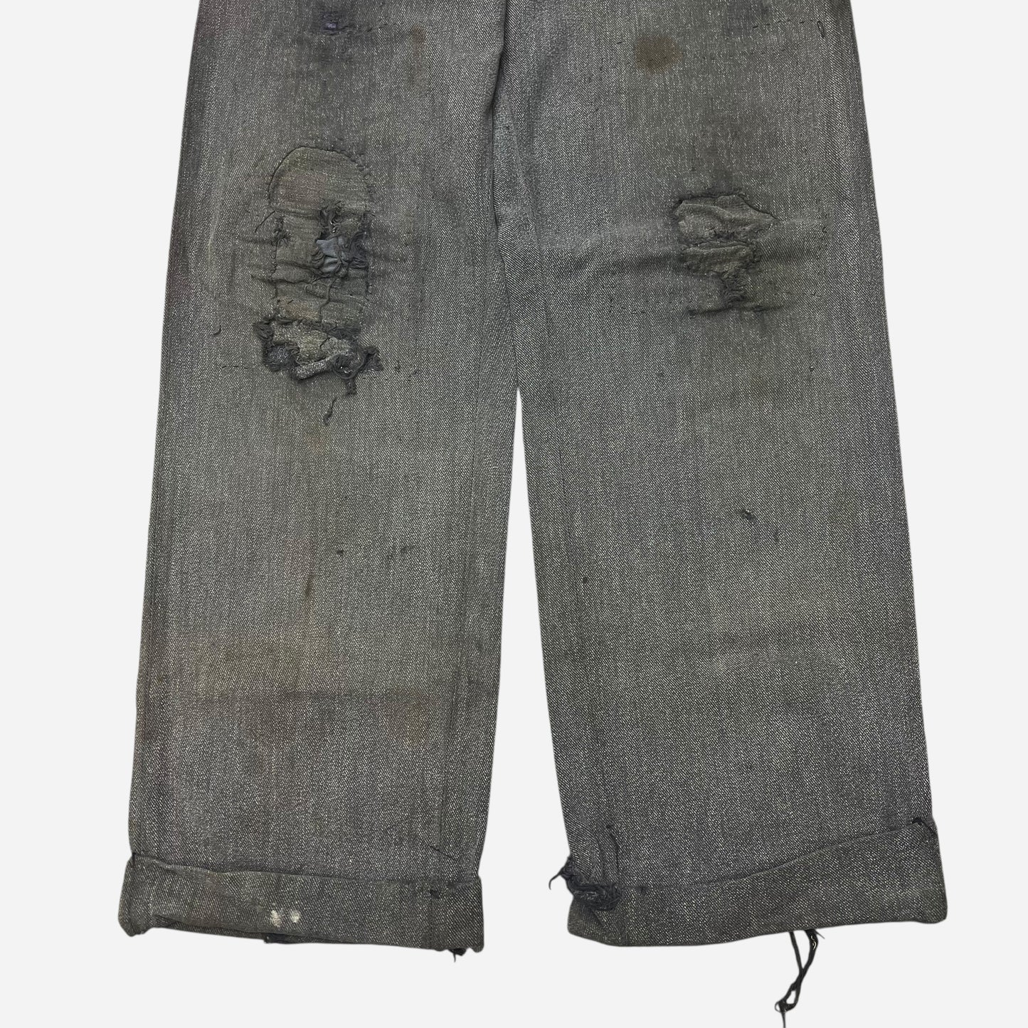 1940s Salt and pepper cotton repaired button fly work pants (31w)