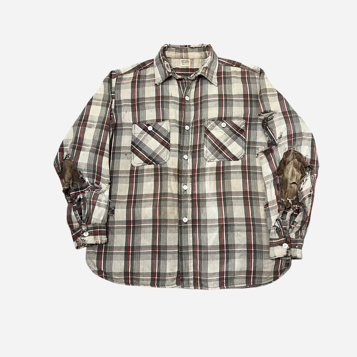 1950s Big Mac red & white plaid heavy woven cotton repaired flannel (L)