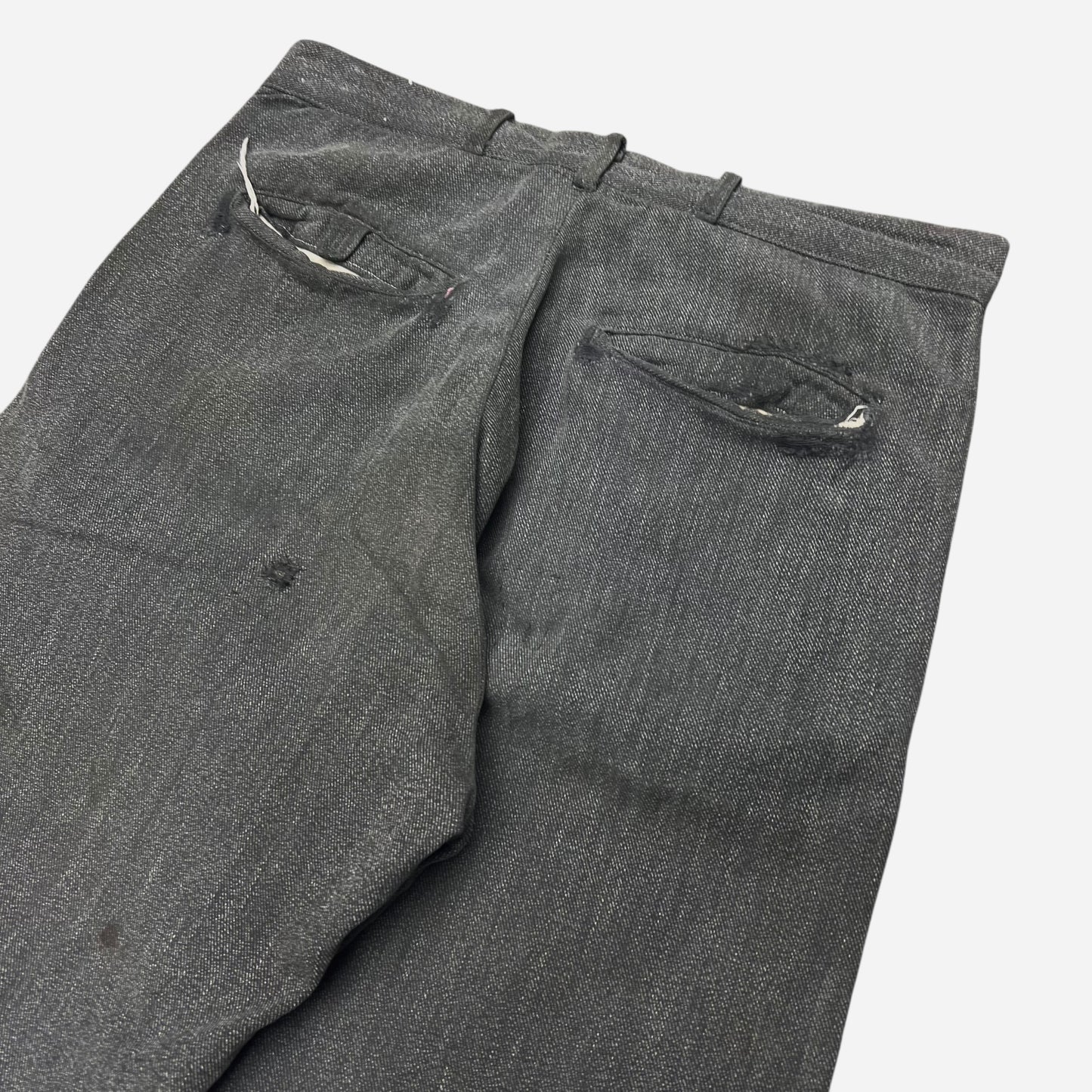 1940s Salt and pepper cotton repaired button fly work pants (31w)