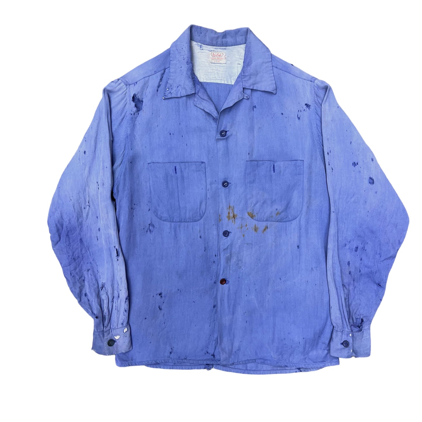 1950s Distressed faded blue rayon loop collar shirt (S)