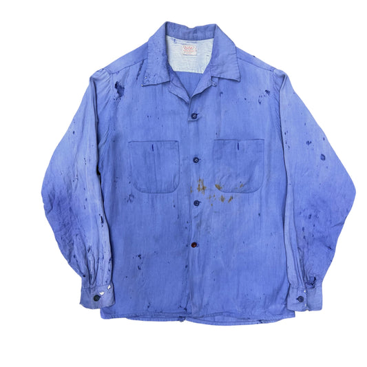 1950s Distressed faded blue rayon loop collar shirt (S)