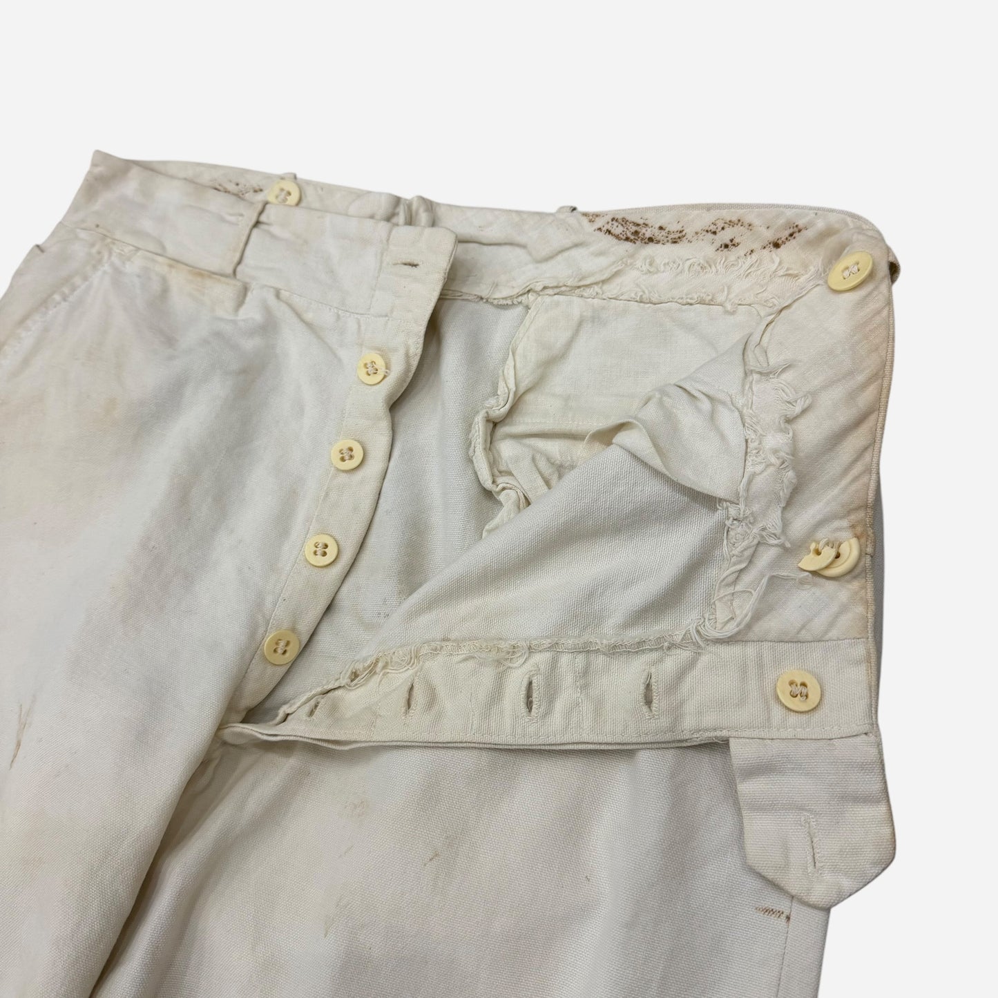 1930s White cotton side cinch button fly summer pants (31w)